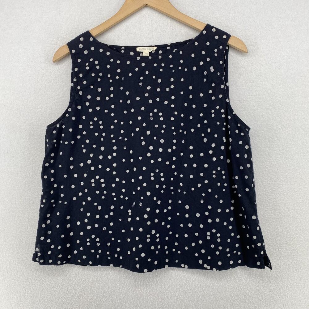 EILEEN FISHER Tank Top M Hand Printed Organic Cotton Polka Dot Boat Neck Black